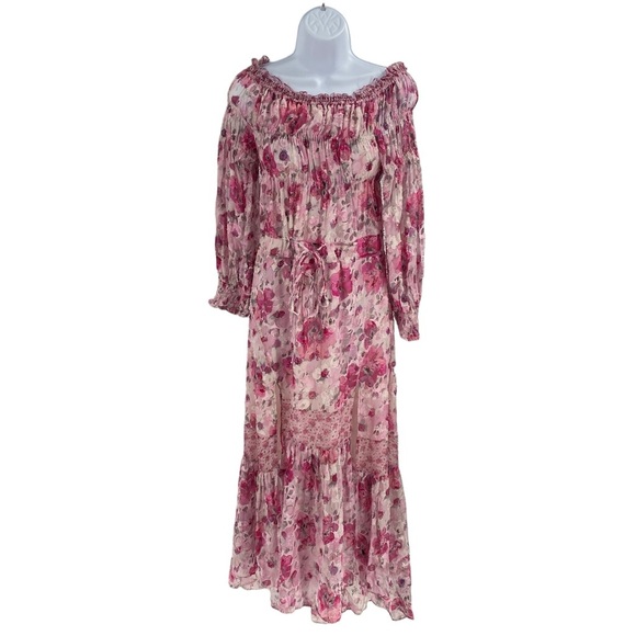 LoveShackFancy NEW Pink Indigo Silk Off the Shoulder Floral Maxi Dress Size S - Picture 1 of 8